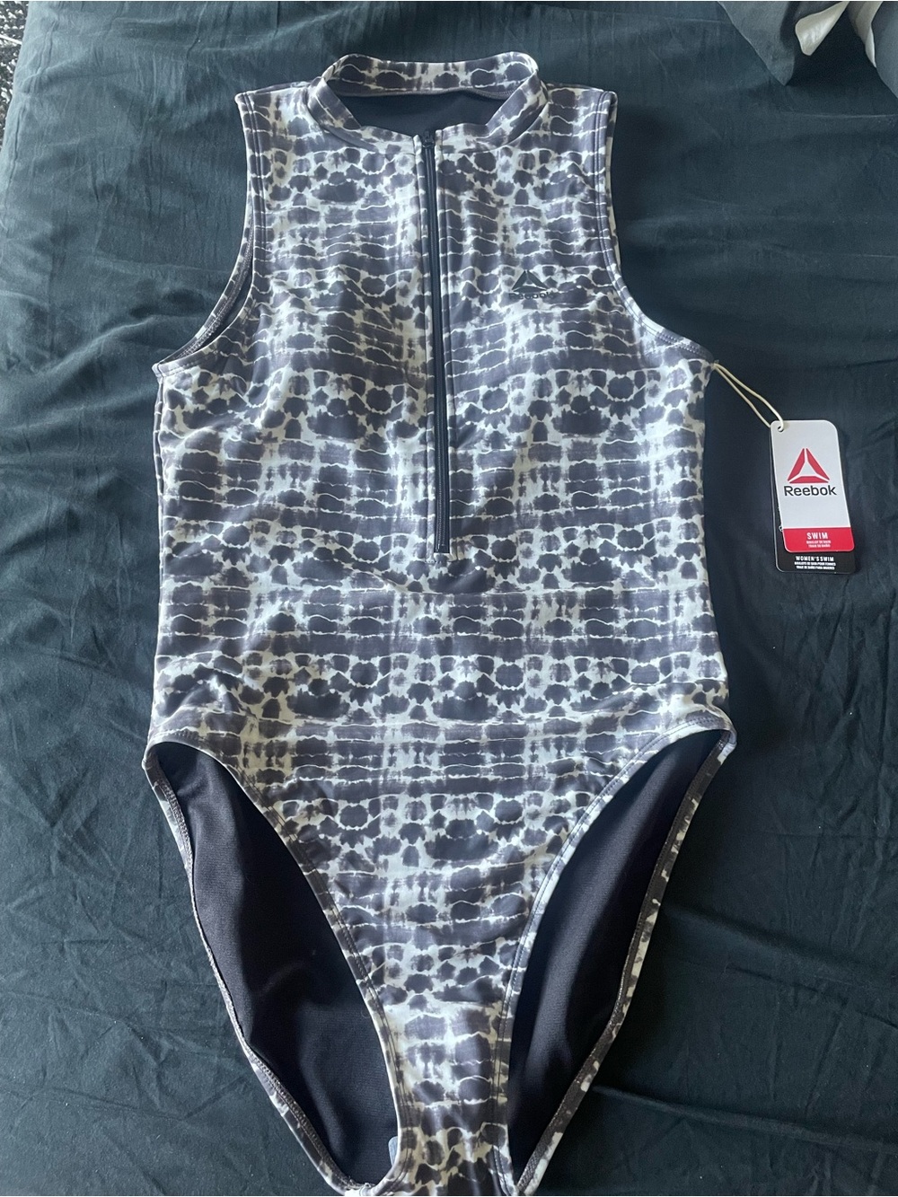 Reebok Black and White Front-Zip One-Piece Swimsuit